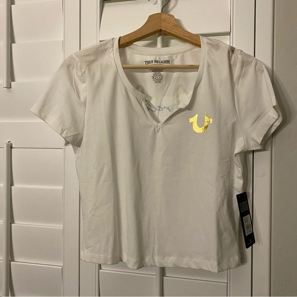True Religion White Medium V Neck Gold Logo Baby Tee Tri Script NWT - Picture 3 of 6